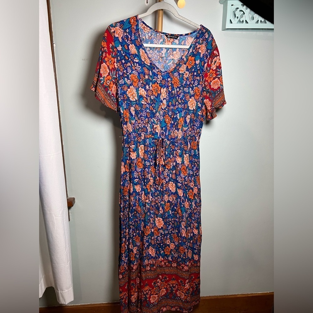 Pretty Garden Blue and Orange Pleated Tiered Maxi Sundress